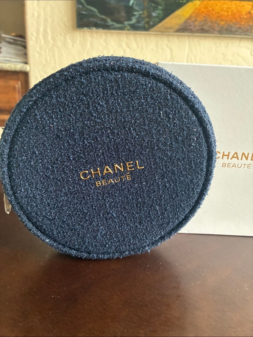 CHANEL Beaute Navy Blue Cosmetic Bag with Gold Logo
